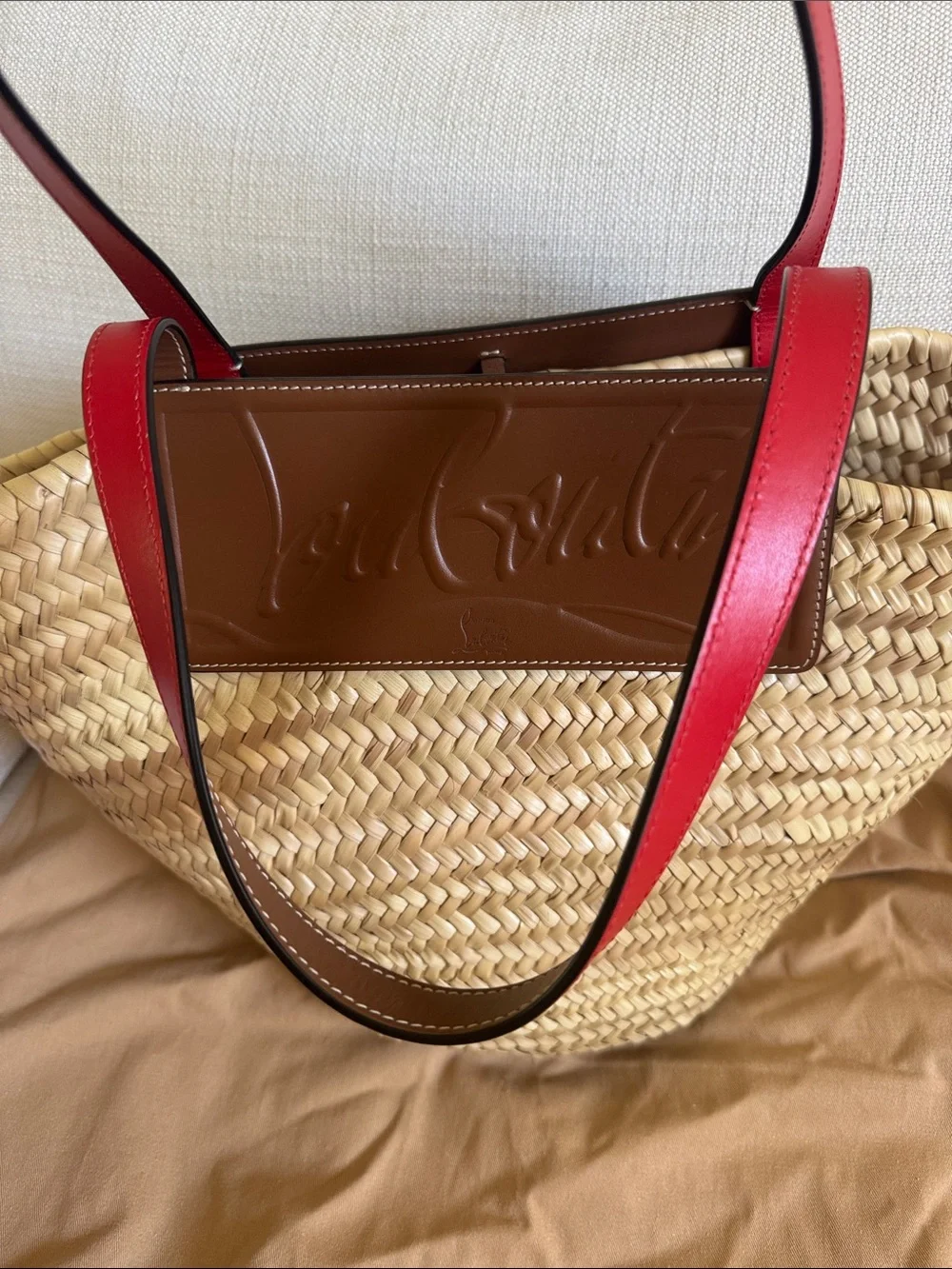 Christian Louboutin Natural Straw Tote with Brown Leather Trim